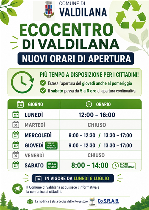 Ecocentro di Località Polto - Nuovi orari di apertura