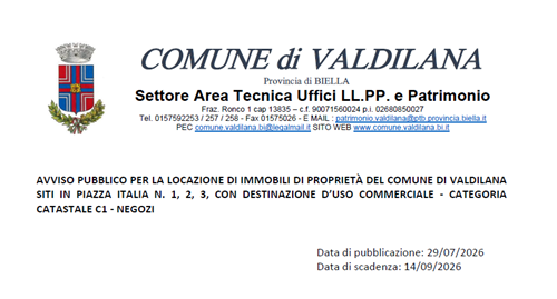 Avviso pubblico per la locazione di immobili di proprietà del Comune di Valdilana siti in Piazza Italia n. 1, 2, 3, con destinazione d'uso commerciale - Categoria catastale C1 - Negozi