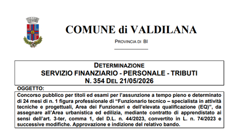 Concorso pubblico per titoli ed esami per lassunzione a tempo pieno e determinato di 24 mesi di n. 1 figura professionale di â€œFunzionario tecnico â€“ specialista in attività tecniche e progettuali, Area dei Funzionari e dellelevata qualificazione (EQ)â€, da assegnare allArea urbanistica ed edilizia, mediante contratto di apprendistato ai sensi dellart. 3-ter, comma 1, del D.L. n. 44/2023, convertito in L. n. 74/2023 e successive modifiche.
