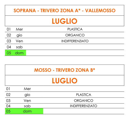 Variazione calendario raccolta rifiuti - Periodo dal 1 al 5 luglio 2026